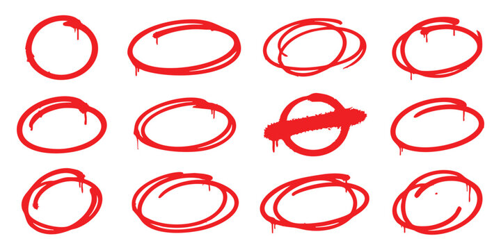 Set of hand drawn red circles and oval shapes with paint drip effects for highlighting important text notes