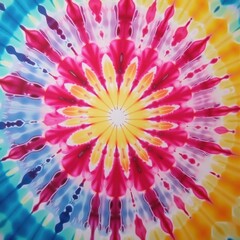 Obraz premium Pink and yellow tie dye starburst on square fabric, ideal for merch prints, festival branding and textiles