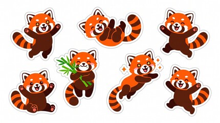 Obraz premium Set of cute red panda vector stickers in various poses like eating bamboo and jumping, perfect for digital planners, scrapbooking, and kids' designs.