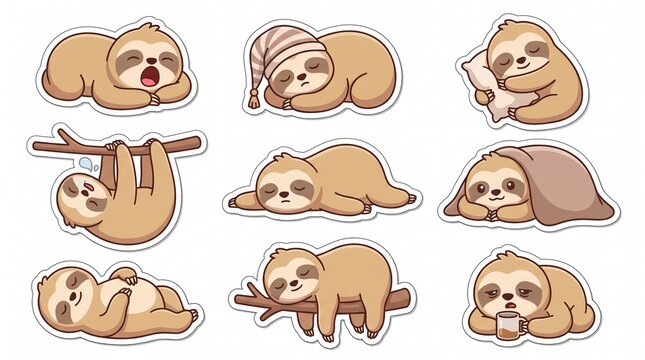 Adorable cartoon sloth sticker collection featuring lazy poses like sleeping and yawning, perfect for planner decoration, scrapbooking, and stationery design.