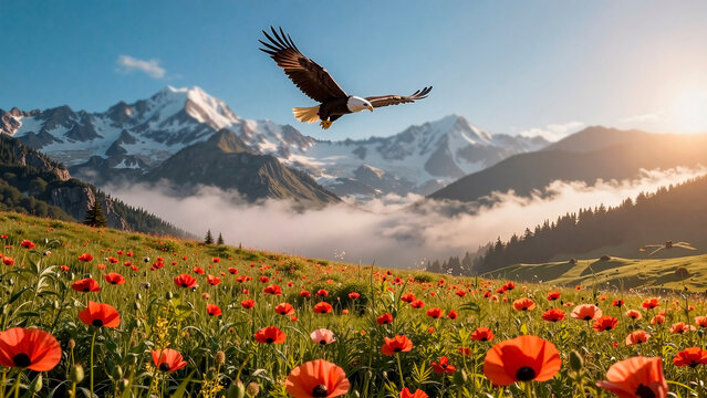 Bald eagle soaring gracefully over blooming poppies with majestic mountains in the background