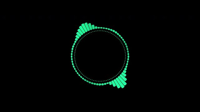 A beautiful circular interface, speech bubbles, music, sound spectrum, equalizer, 4K video, and animated sound waveforms on a black and white background.