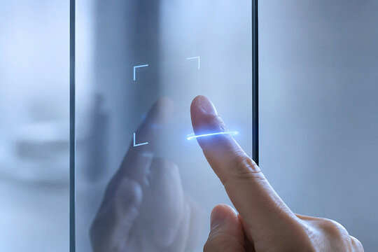 Close-up of a finger touching a transparent glass surface with a glowing blue square frame interface for biometric scanning or interaction