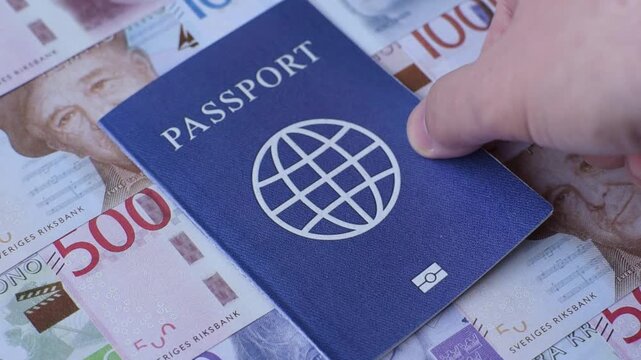 Sweden, swedish passport or id document with tickets for flight, travel, border crossing. Swedish passport and tickets as a background for your design