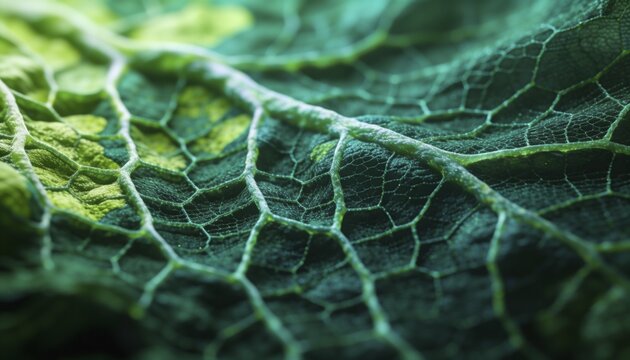 Abstract macro texture of a green leaf. Detailed botanical background with cellular vein structure and mesh pattern.