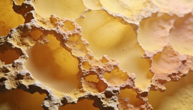 Abstract porous organic structure background. 3D rendering of yellow bone tissue or coral cavern with fine mesh grid.