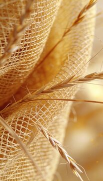 Beautiful eco friendly texture with dry hay and woven net. Warm sunny backdrop for organic agriculture product placement.