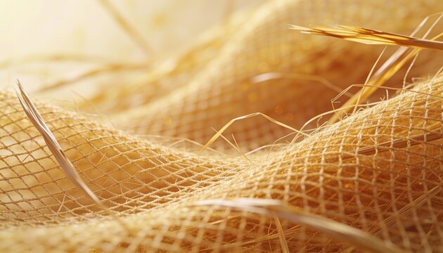 Beautiful eco friendly texture with dry hay and woven net. Warm sunny backdrop for organic agriculture product placement.