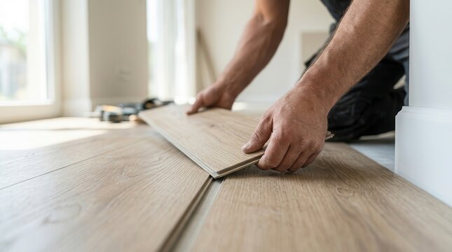A professional installing easy-install wood-look LVP flooring planks in a bright modern space.