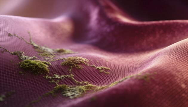 Abstract bio tech textile background. Microscopic view of green mold, moss or organic spores growing on wavy purple fabric mesh