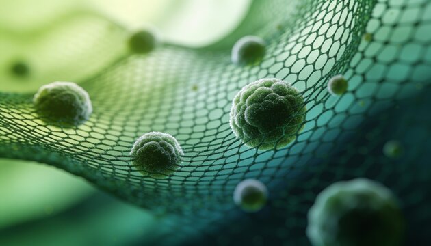 Abstract microscopic virus and bacteria background. 3D rendering of green cellular molecules on nano filter mesh grid.