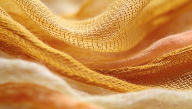 Abstract warm ochre gauze fabric texture background. Delicate organic muslin or cheesecloth with soft folds and drapery.