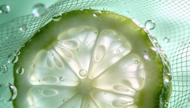 Abstract lime slice in fizzy water background. Macro view of fresh citrus fruit with sparkling bubbles and mesh grid