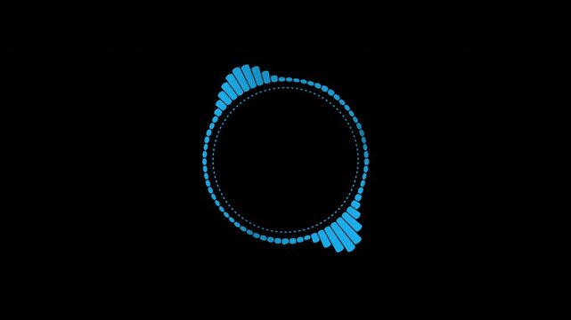 A beautiful circular interface, speech bubbles, music, sound spectrum, equalizer, 4K video, and animated sound waveforms on a black and white background.