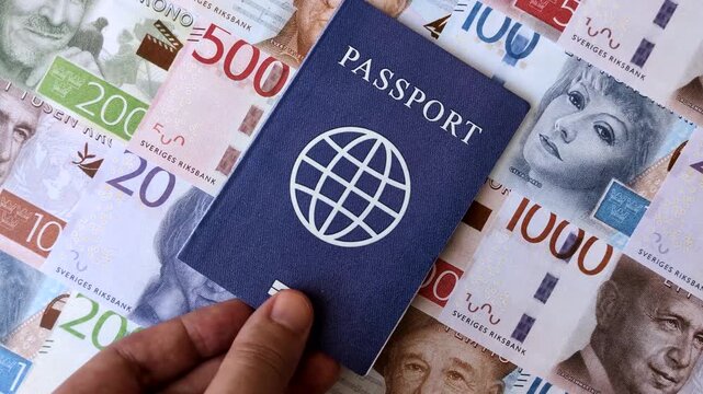 Sweden, swedish passport or id document with tickets for flight, travel, border crossing. Swedish passport and tickets as a background for your design