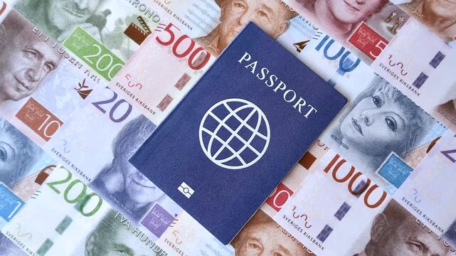 Sweden, swedish passport or id document with tickets for flight, travel, border crossing. Swedish passport and tickets as a background for your design
