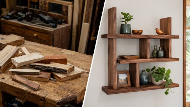 Wood offcuts and handmade shelf styled in a modern room