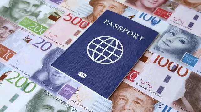 Sweden, swedish passport or id document with tickets for flight, travel, border crossing. Swedish passport and tickets as a background for your design