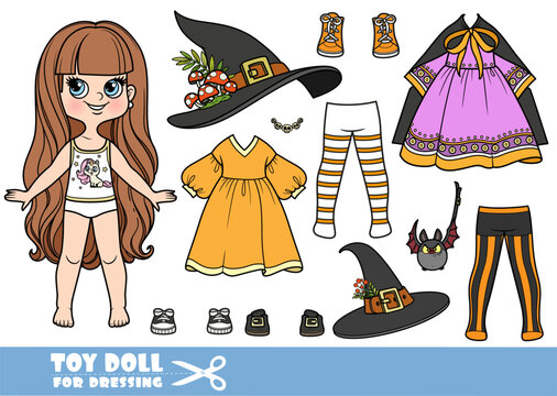 Cartoon long haired brunette girl and clothes separately - Halloween witch costume with lush dresses