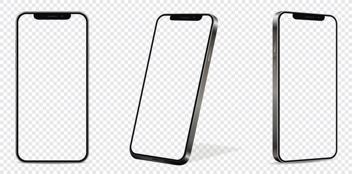 Realistic smartphone mockup from angled view. Mobile phone empty screen isolated on transparent background