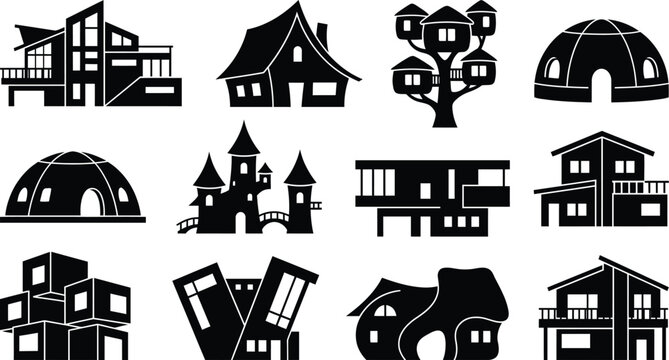 Collection of Unique House Icons Featuring Modern and Traditional Architecture Styles