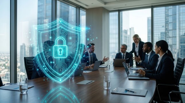 Business professionals in a modern office meeting with a digital shield icon for cybersecurity.