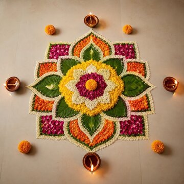 Natural flower and leaf rangoli, top-down