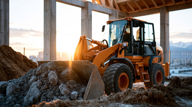 A front end loader clearing a bright construction site clean daylight front end loader construction site machinery industrial heavy equipment earthmoving building
