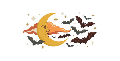 Vintage Crescent Moon and Bats Vector Illustration © Tukang
