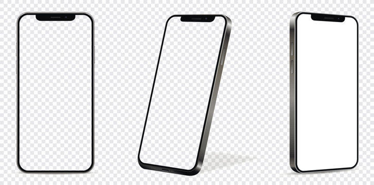 Realistic smartphone mockup. Front and side view with white and empty screen on transparent background.