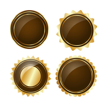 Luxury gold blank badge collection with glossy metallic finish and elegant decorative borders. Premium seal templates for branding, packaging, certificates, awards, labels and luxury products.