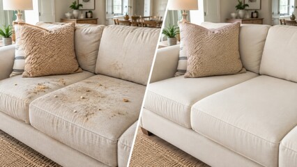 Fototapeta premium Stained beige sofa and fresh clean couch in a bright living room