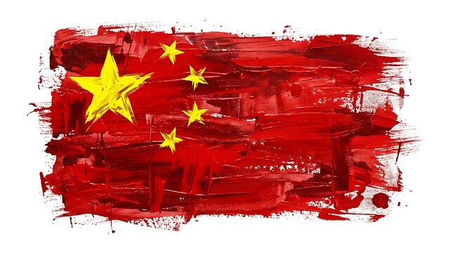 Painted chinese flag with brushstroke texture and isolated white background