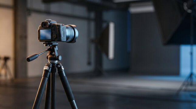 Tripod-mounted camera in photography studio with soft lighting  