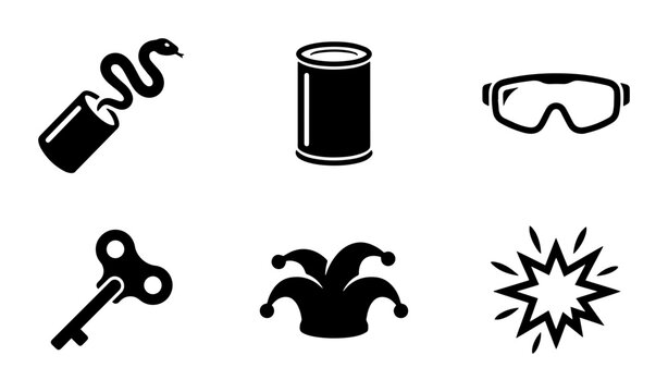 Prank and surprise icon set for party and fun outline, solid and color styles, white background