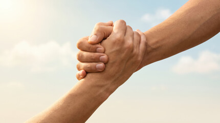 Fototapeta premium Close up of two hands clasped together in a supportive grip against a bright sky, celebrating trust, friendship, unity, encouragement, hope, lasting human connection and Friendship Day concept