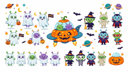 Fototapeta premium Cute Space Alien Halloween Characters Vector Collection, Cosmic Martian Trick or Treat Sticker Set Isolated on White Background