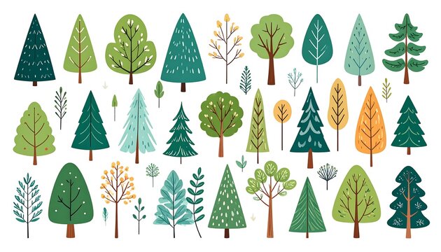Collection of assorted colorful stylized trees and foliage isolated on white