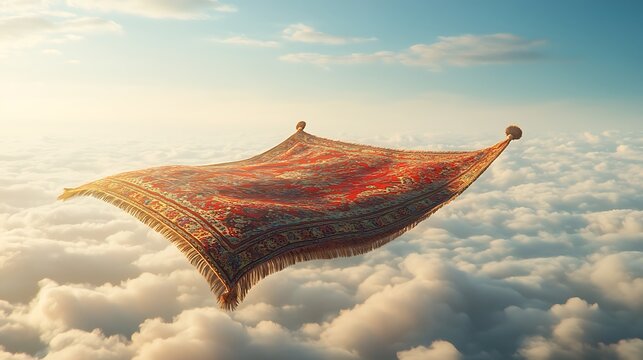 Flying carpet above clouds fantasy transportation magical journey