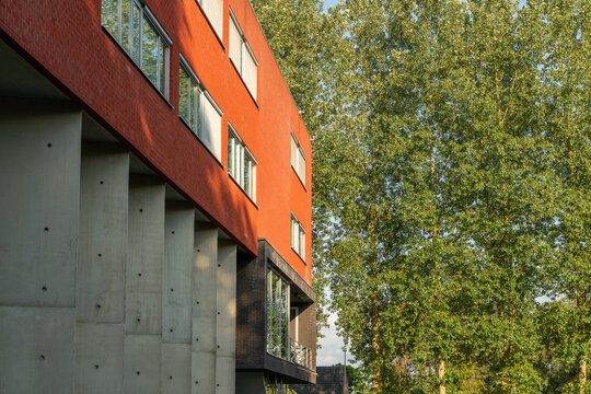 Hasselt, Belgium. Contemporary university building integrated with green campus landscape and modern architecture