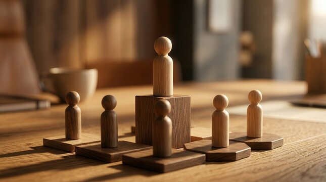 Leadership and management concept using wooden figures to illustrate responsibility and team workflow.