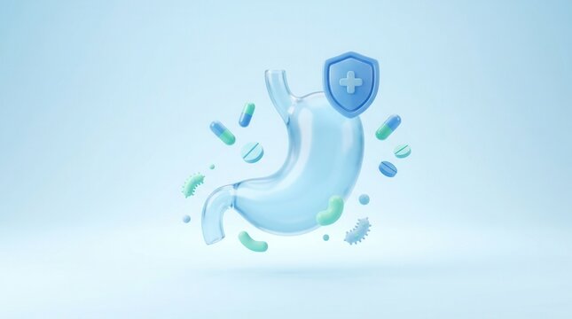 Wellness and digestive system treatment illustration with stomach organ and bacteria protection icons.