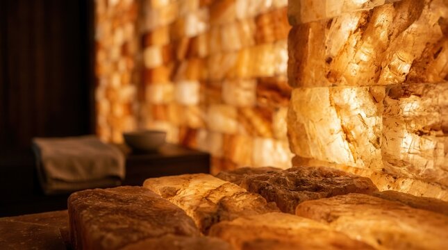 Unique natural mineral salt bricks glowing with warm amber light for wellness decor.