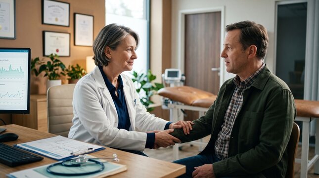 Doctor reassures male patient during consultation in modern medical office with charts and equipment