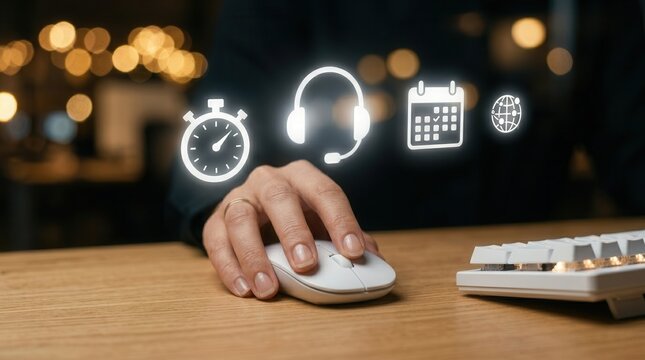 A hand using a computer mouse to navigate quick service and SLA response icons.