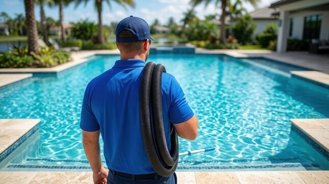 Professional technician providing pool cleaning and hygiene services wearing a blue cap and uniform.