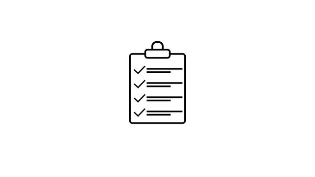 Minimalist black clipboard icon animation with appearing checklist and checkmarks, task completion and progress symbol for motion graphics on white background.4K Animation Stock Video.