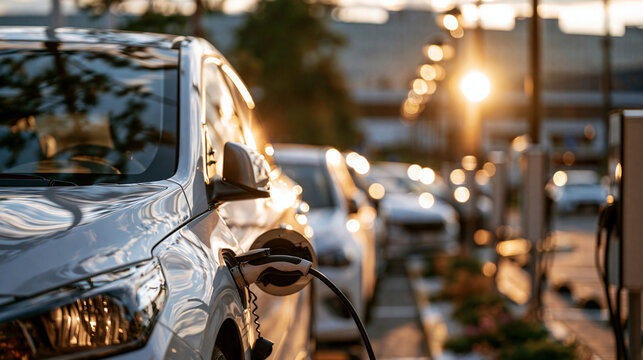 Charging an electric car with a bright clean public charger in a parking lot electric car ev charging public charger parking lot clean energy sustainable automotive