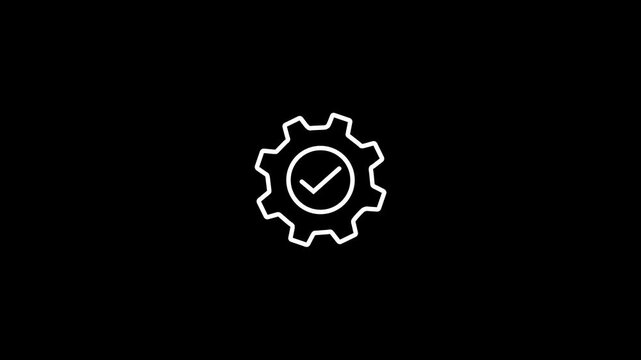 Minimalist white gear icon animation with a central checkmark, symbolizing successful system configuration or verified process completion for motion graphics on black background.4K Stock Video