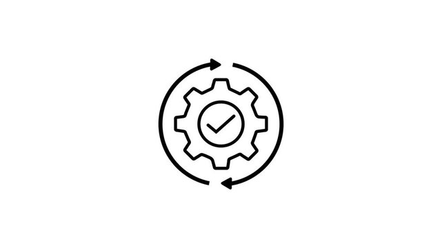 Minimalist black gear icon animation with rotating arrows and a central checkmark, symbolizing successful system update, synchronized process,motion graphics on white background.4K Stock Video